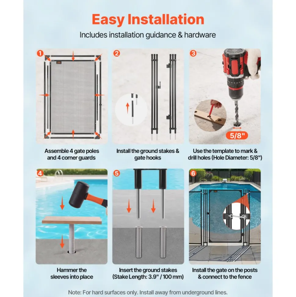 VEVOR Pool Fence Gate, 4 x 2.5 ft Inground Swimming Pool Fences Gate, Outdoor Security Fencing Door Kit with Metal Latch, 352 gsm Teslin PVC Mesh, Round Tube, Lockable and Easy Installation, Black