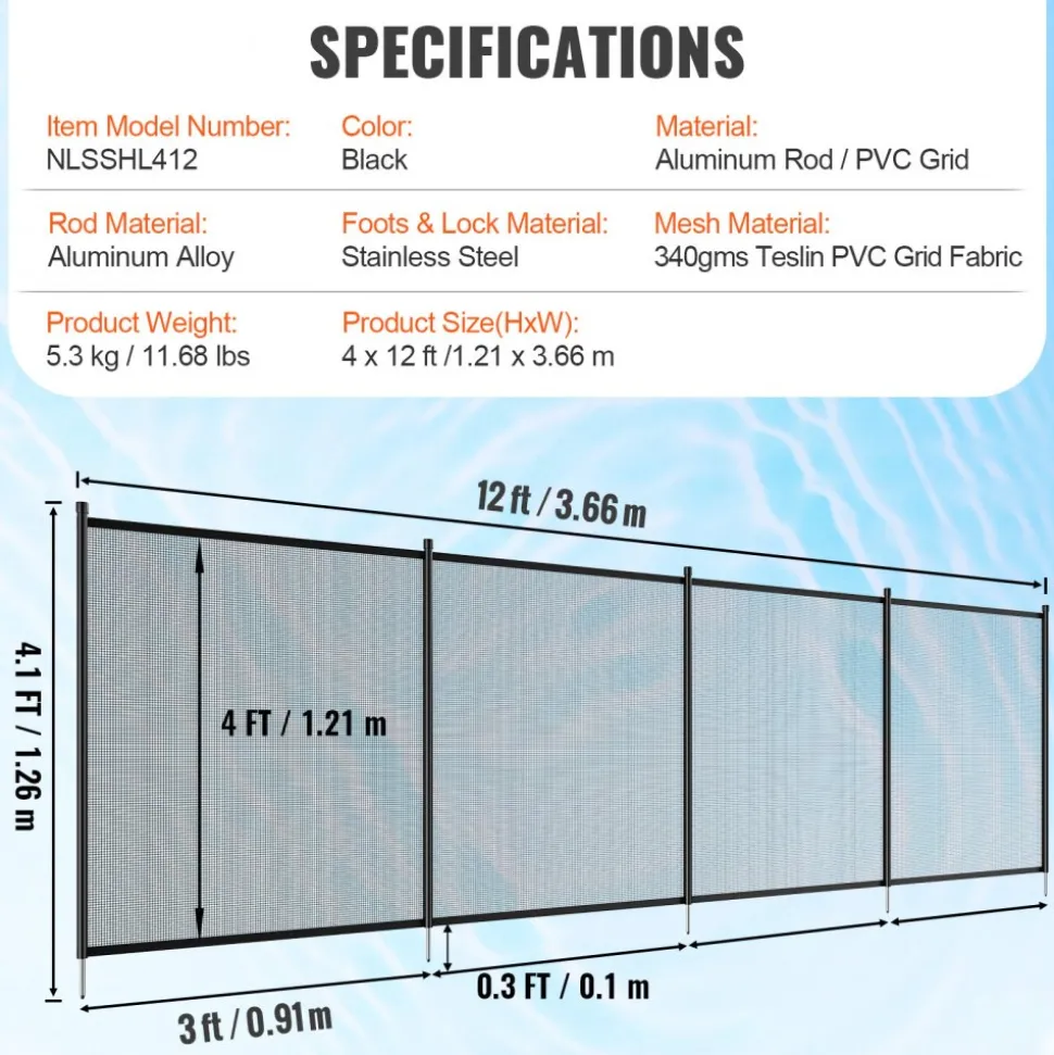 VEVOR Pool Fence, 4 x 12 FT Pool Fences for Inground Pools, Removable Child Safety Pool Fencing, Easy DIY Installation Swimming Pool Fence, 340gms Teslin PVC Pool Fence Mesh Protects Kids and Pets