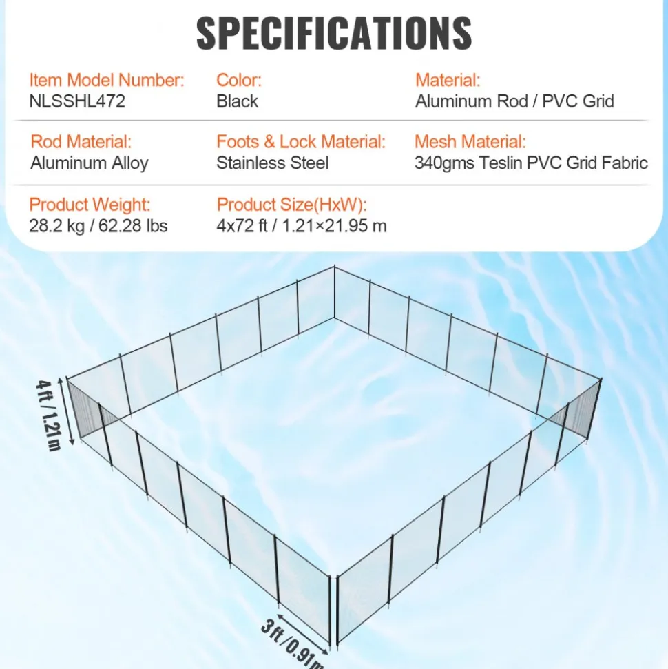 VEVOR Pool Fence, 4 x 72 FT Pool Fences for Inground Pools, Removable Child Safety Pool Fencing, Easy DIY Installation Swimming Pool Fence, 340gms Teslin PVC Pool Fence Mesh Protects Kids and Pets