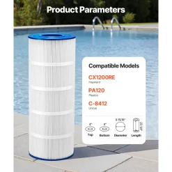 VEVOR Pool Filter Cartridge, 120 Sq. Ft Spa Hot Tub Filter Cartridge Replacement, Compatible with Hayward CX1200RE, Pleatco PA120, Unicel C-8412, Secure for Kids & Pet, Trilobal Pleated, Easy to Clean