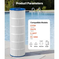 VEVOR Pool Filter Cartridge, 175 Sq. Ft Spa Hot Tub Filter Cartridge Replacement, Compatible with Pleatco PA175, Hayward C1750, Secure for Kids & Pet, Trilobal Pleated, Easy to Clean