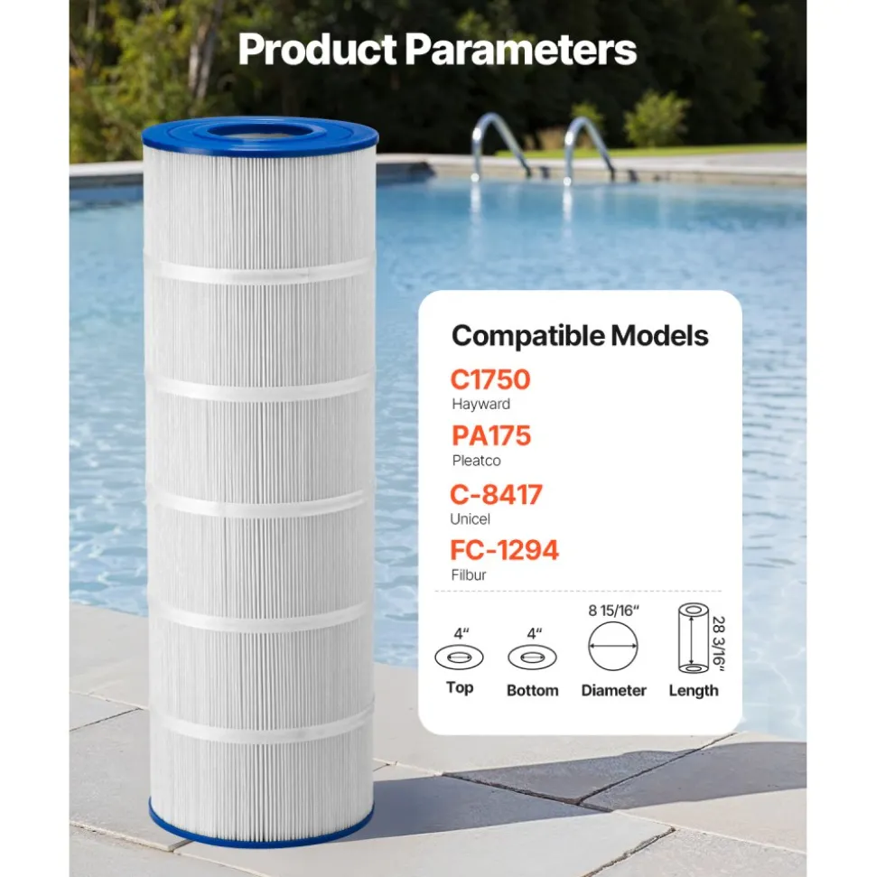 VEVOR Pool Filter Cartridge, 175 Sq. Ft Spa Hot Tub Filter Cartridge Replacement, Compatible with Pleatco PA175, Hayward C1750, Secure for Kids & Pet, Trilobal Pleated, Easy to Clean