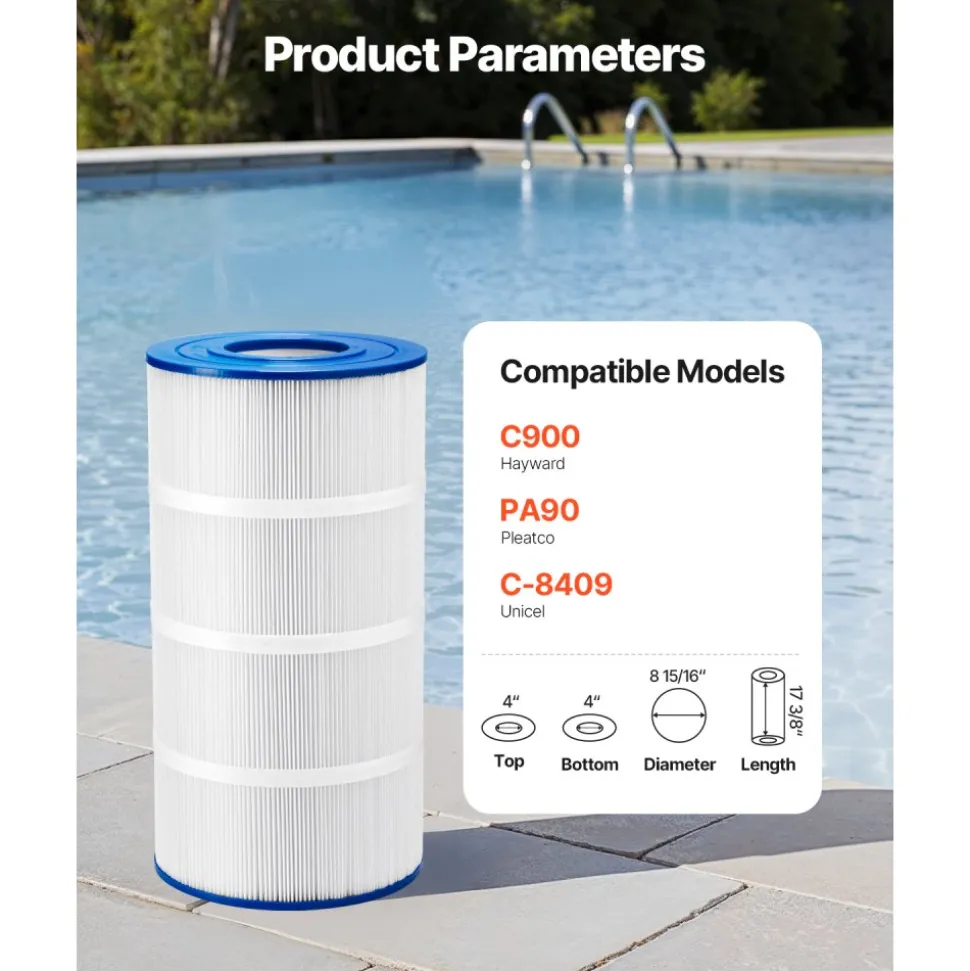 VEVOR Pool Filter Cartridge, 90 Sq. Ft Spa Hot Tub Filter Cartridge Replacement, Compatible with Hayward C900, Hayward CX900RE, Secure for Kids & Pet, Trilobal Pleated, Easy to Clean