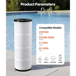 VEVOR Pool Filter Cartridge, 4x 80 Sq. Ft, Spa Hot Tub Filter Cartridge Replacement, Compatible with Pentair CCP320, Pleatco PCC80-PAK4, Secure for Kids & Pet, Easy to Clean