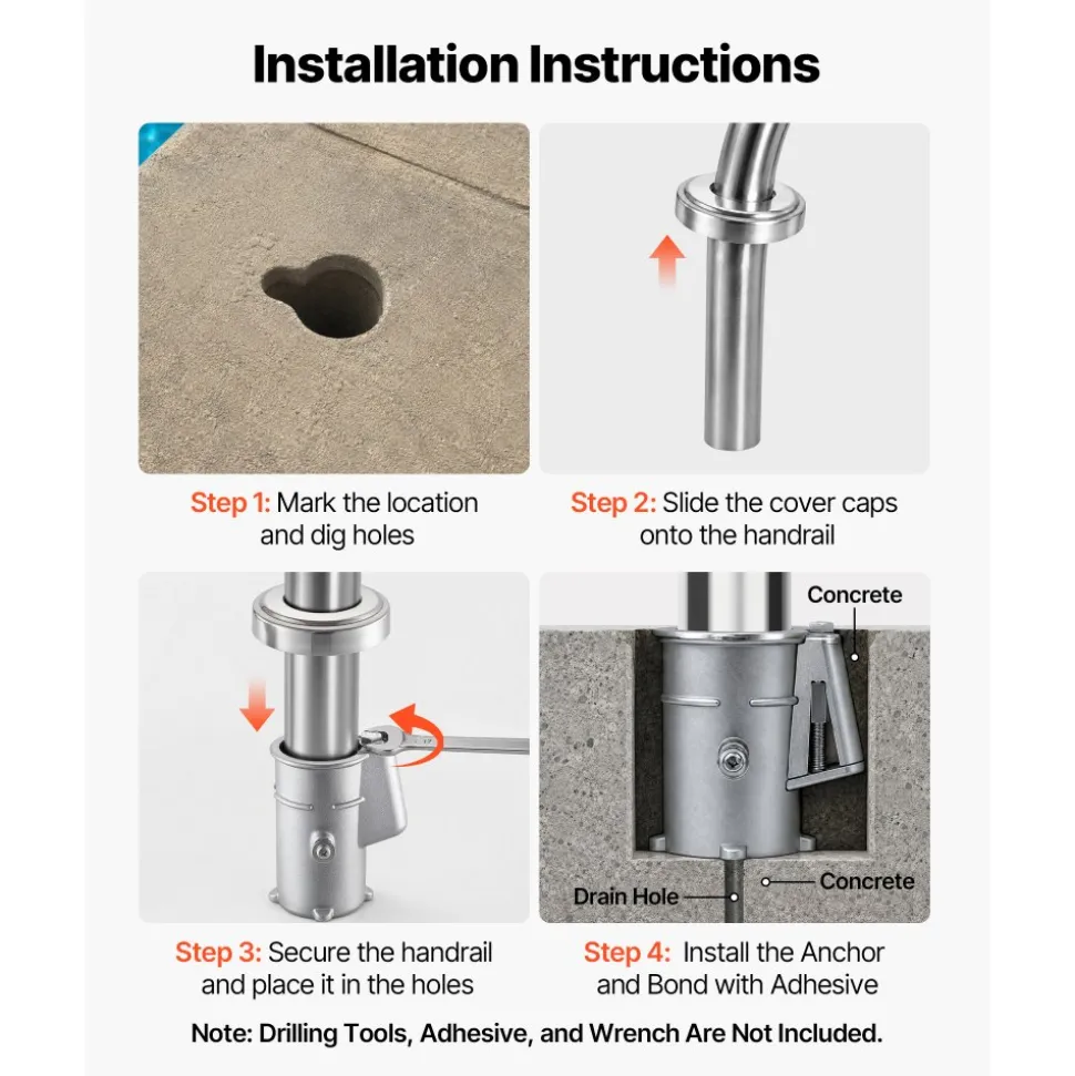 VEVOR Pool Handrail Anchor Kit 2 Pack 316 Stainless Steel for In-ground, Pool Ladder Anchors and Escutcheon Fits 1-7/8 in OD Rail, Secure Fit, Heavy-Duty Mount Set for Hard Concrete, Silver