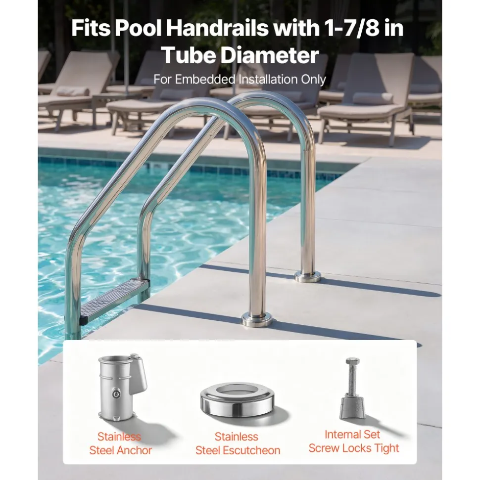 VEVOR Pool Handrail Anchor Kit 2 Pack 316 Stainless Steel for In-ground, Pool Ladder Anchors and Escutcheon Fits 1-7/8 in OD Rail, Secure Fit, Heavy-Duty Mount Set for Hard Concrete, Silver