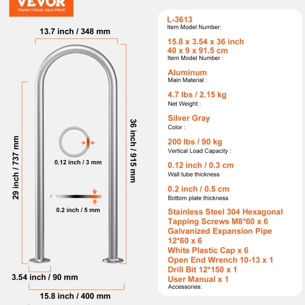 VEVOR Pool Handrail,36 x 13 inch Pool Railing, Aluminum with Base Plate for Indoor/Outdoor Pools, Humanized Swimming Pool Safety Railing for Decks, Rust-Proof Grab Bar with Accessories for Spas Docks