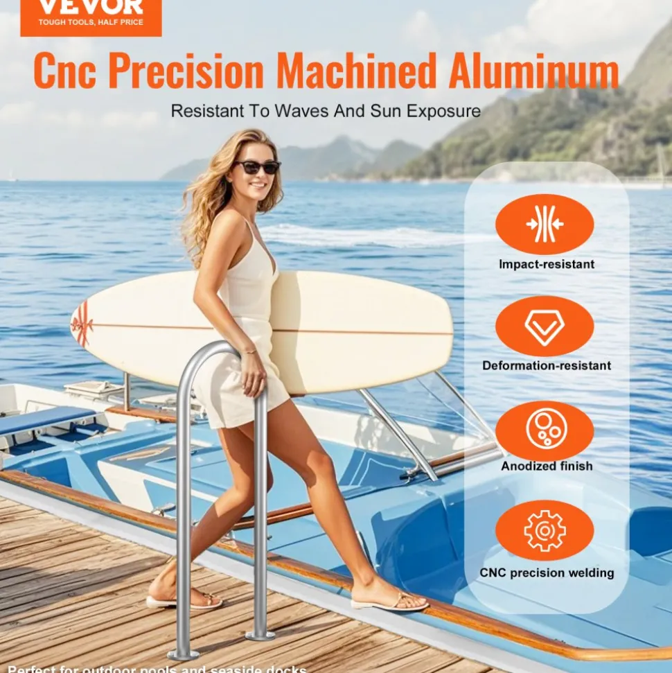 VEVOR Pool Handrail,36 x 13 inch Pool Railing, Aluminum with Base Plate for Indoor/Outdoor Pools, Humanized Swimming Pool Safety Railing for Decks, Rust-Proof Grab Bar with Accessories for Spas Docks