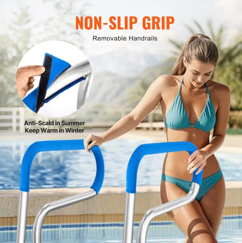 VEVOR Pool Handrail, 32 x 23 inch Pool Railing, Stainless Steel with Base Plate for Indoor/Outdoor Pools,Swimming Pool Safety Railing for Decks,Rust-Proof Grab Bar w/ Grip Cover&Accessories for Spas
