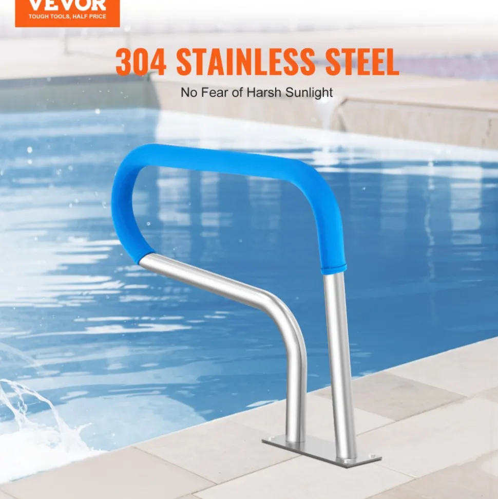 VEVOR Pool Handrail, 32 x 23 inch Pool Railing, Stainless Steel with Base Plate for Indoor/Outdoor Pools,Swimming Pool Safety Railing for Decks,Rust-Proof Grab Bar w/ Grip Cover&Accessories for Spas