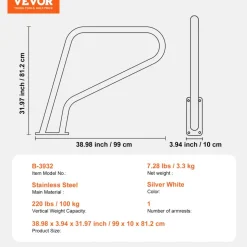 VEVOR Pool Handrail, 39 x 32 inch Pool Railing, Stainless Steel with Base Plate for Indoor/Outdoor Pools,Swimming Pool Safety Railing for Decks,Rust-Proof Grab Bar w/ Grip Cover&Accessories for Spas