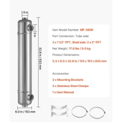 VEVOR Pool Heat Exchanger, 360K BTU Swimming Pool Heater Exchanger, 316L Stainless Steel Construction, High Efficiency Water to Water Transfer Heating System for Spa, Hot Tub, Indoor/Outdoor, Silver