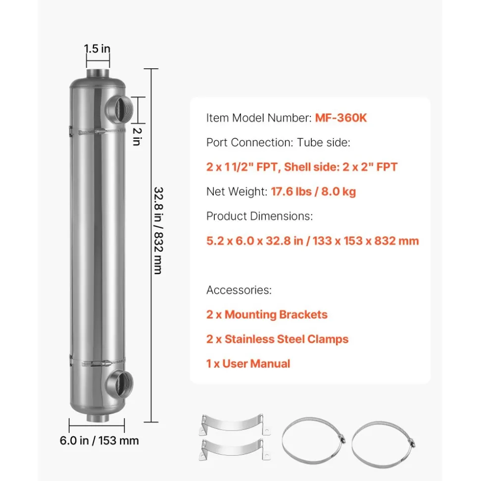 VEVOR Pool Heat Exchanger, 360K BTU Swimming Pool Heater Exchanger, 316L Stainless Steel Construction, High Efficiency Water to Water Transfer Heating System for Spa, Hot Tub, Indoor/Outdoor, Silver