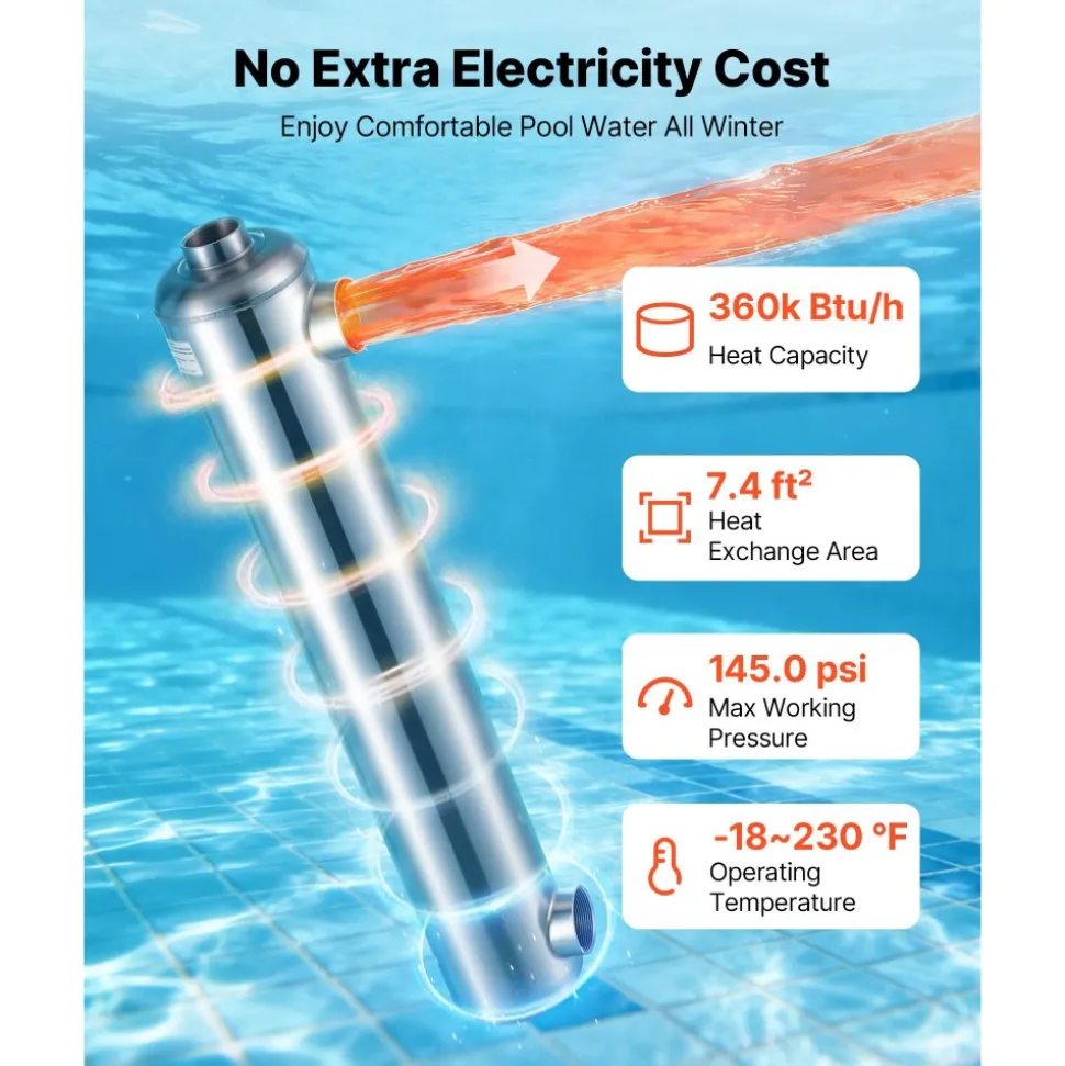 VEVOR Pool Heat Exchanger, 360K BTU Swimming Pool Heater Exchanger, 316L Stainless Steel Construction, High Efficiency Water to Water Transfer Heating System for Spa, Hot Tub, Indoor/Outdoor, Silver