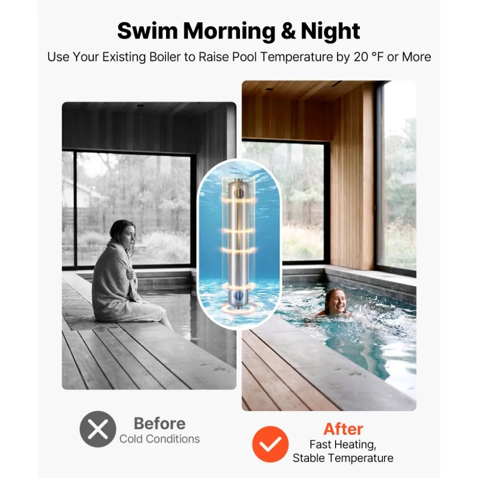 VEVOR Pool Heat Exchanger, 360K BTU Swimming Pool Heater Exchanger, 316L Stainless Steel Construction, High Efficiency Water to Water Transfer Heating System for Spa, Hot Tub, Indoor/Outdoor, Silver