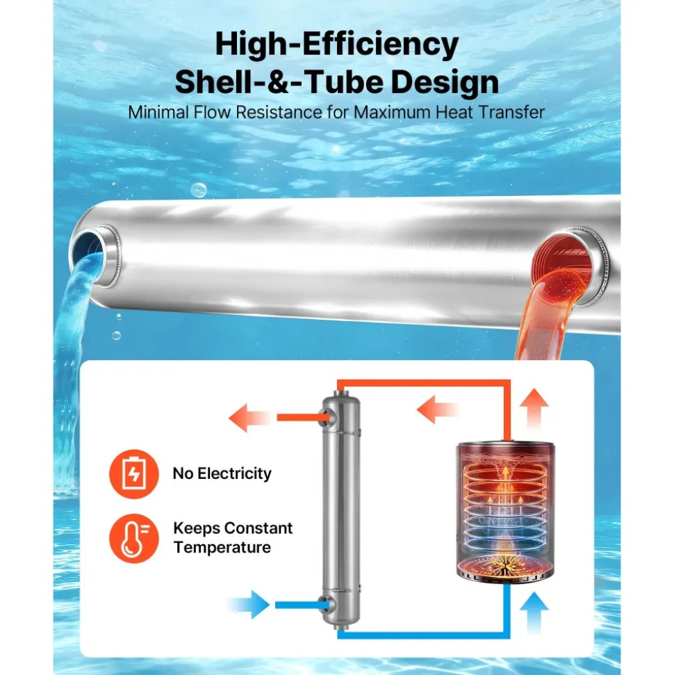 VEVOR Pool Heat Exchanger, 360K BTU Swimming Pool Heater Exchanger, 316L Stainless Steel Construction, High Efficiency Water to Water Transfer Heating System for Spa, Hot Tub, Indoor/Outdoor, Silver