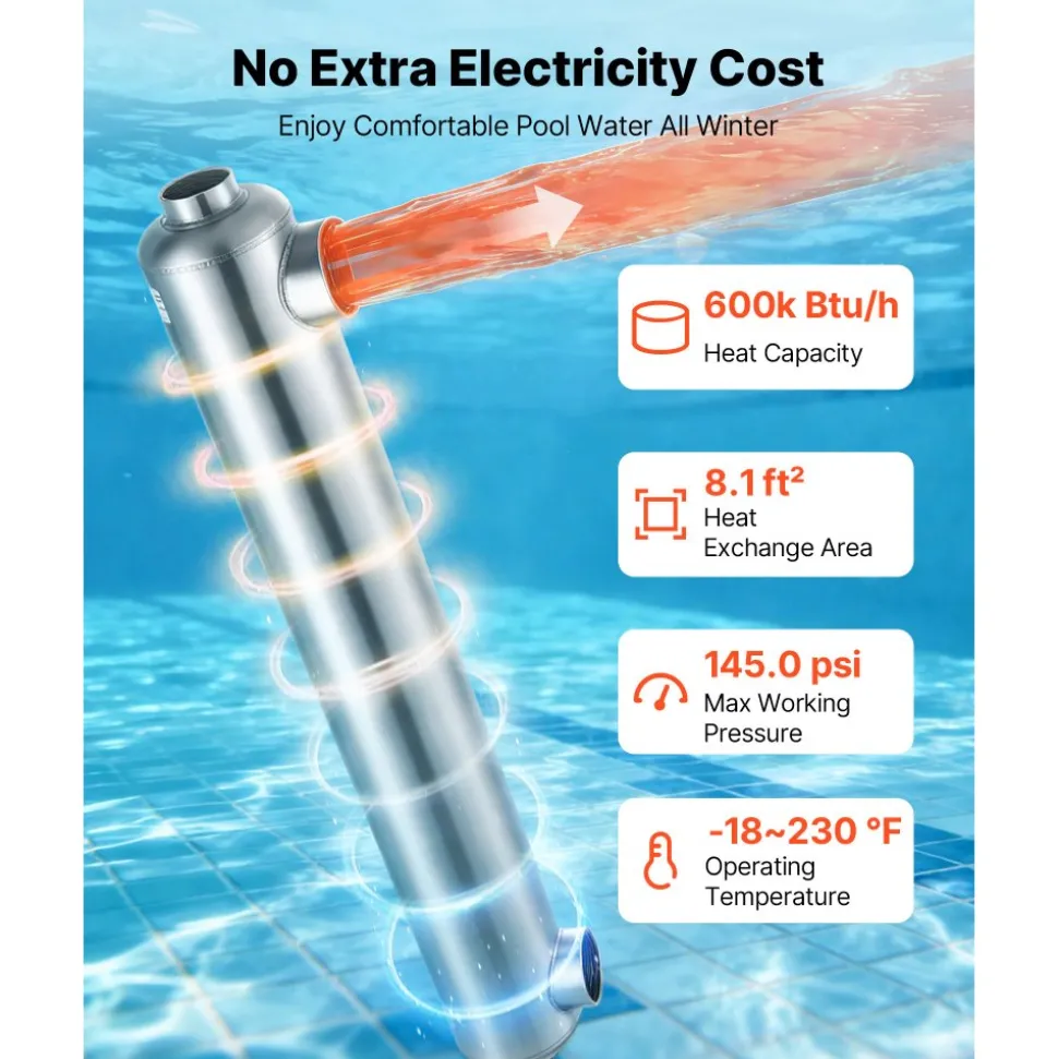 VEVOR Pool Heat Exchanger, 600K BTU Swimming Pool Heater Exchanger, 316L Stainless Steel Construction, High Efficiency Water to Water Transfer Heating System for Spa, Hot Tub, Indoor/Outdoor, Silver