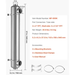 VEVOR Pool Heat Exchanger, 600K BTU Swimming Pool Heater Exchanger, 316L Stainless Steel Construction, High Efficiency Water to Water Transfer Heating System for Spa, Hot Tub, Indoor/Outdoor, Silver