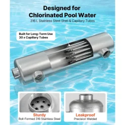 VEVOR Pool Heat Exchanger, 210K BTU Swimming Pool Heater Exchanger, 316L Stainless Steel Construction, High Efficiency Water to Water Transfer Heating System for Spa, Hot Tub, Indoor/Outdoor, Silver