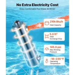 VEVOR Pool Heat Exchanger, 210K BTU Swimming Pool Heater Exchanger, 316L Stainless Steel Construction, High Efficiency Water to Water Transfer Heating System for Spa, Hot Tub, Indoor/Outdoor, Silver
