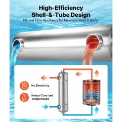 VEVOR Pool Heat Exchanger, 210K BTU Swimming Pool Heater Exchanger, 316L Stainless Steel Construction, High Efficiency Water to Water Transfer Heating System for Spa, Hot Tub, Indoor/Outdoor, Silver