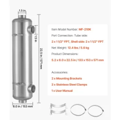 VEVOR Pool Heat Exchanger, 210K BTU Swimming Pool Heater Exchanger, 316L Stainless Steel Construction, High Efficiency Water to Water Transfer Heating System for Spa, Hot Tub, Indoor/Outdoor, Silver