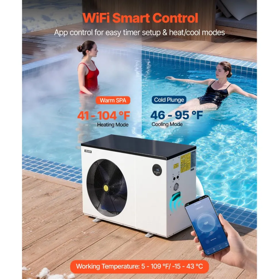VEVOR Pool Heat Pump Max 93390 BTU, Electric Pool Heater for Above & In-Ground Up to 22455 Gallons, All-DC Inverter Technology, WiFi & App Remote Control, Multiple Protection for Swimming Parties