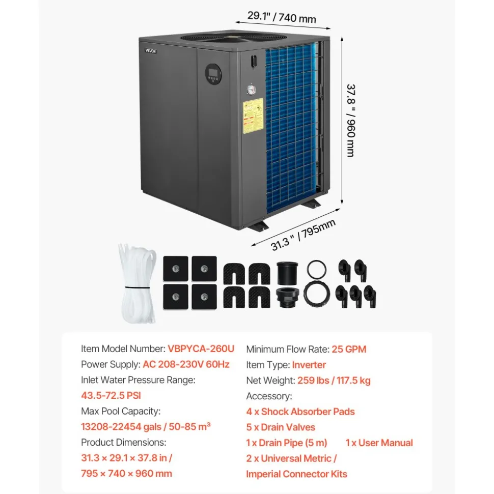 VEVOR Pool Heat Pump Max 88850 BTU, Electric Pool Heater for In-Ground Up to 22454 Gallons, All-DC Inverter Technology, WiFi & App Remote Control, Multiple Protection for Swimming Parties