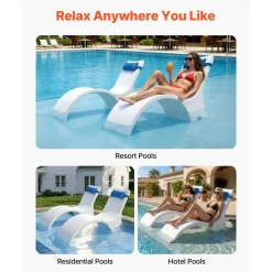 VEVOR Pool Lounge Chairs, Set of 2 Chaise Lounger with Headrest, Water Weighted In-Pool Lounger Chairs for up to 15