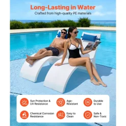 VEVOR Pool Lounge Chairs, Set of 2 Chaise Lounger with Headrest, Water Weighted In-Pool Lounger Chairs for up to 15