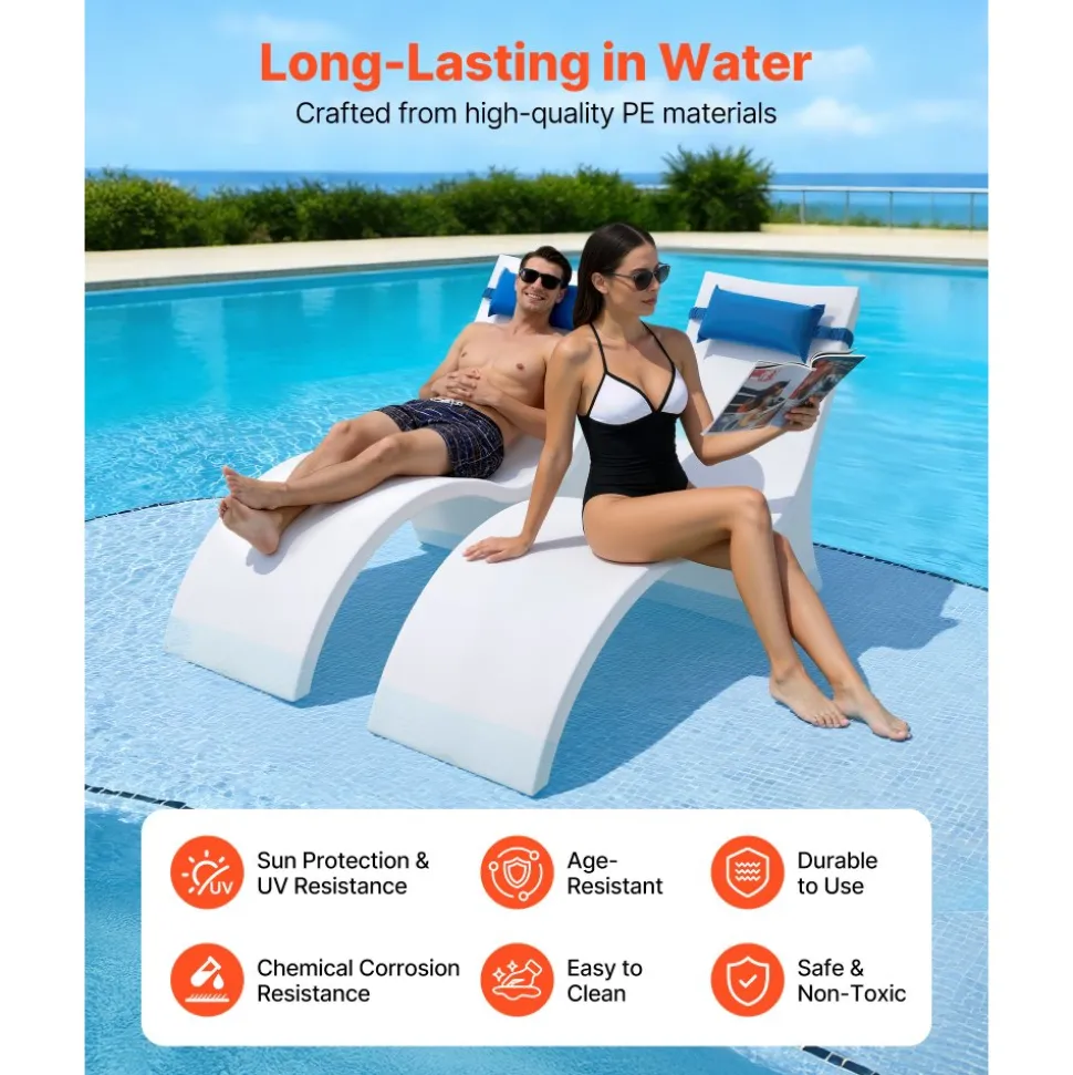 VEVOR Pool Lounge Chairs, Set of 2 Chaise Lounger with Headrest, Water Weighted In-Pool Lounger Chairs for up to 15" Water Depths, Anti-Floating Patio Furniture for Sun Shelf & Tanning Ledge, 440LBS