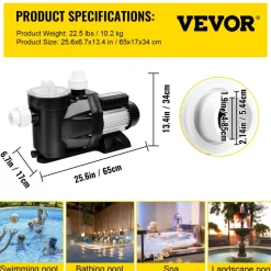 VEVOR Pool Pump 2.5HP, Above Ground Swimming Pool Pump with Filtration Basket, 8880 GPH Efficient Single Speed Water Circulation Pump for Pools, Spa, Meets Standard Requirements