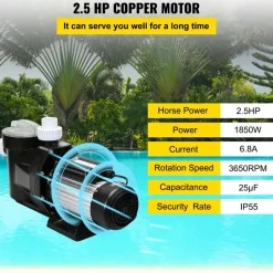 VEVOR Pool Pump 2.5HP, Above Ground Swimming Pool Pump with Filtration Basket, 8880 GPH Efficient Single Speed Water Circulation Pump for Pools, Spa, Meets Standard Requirements