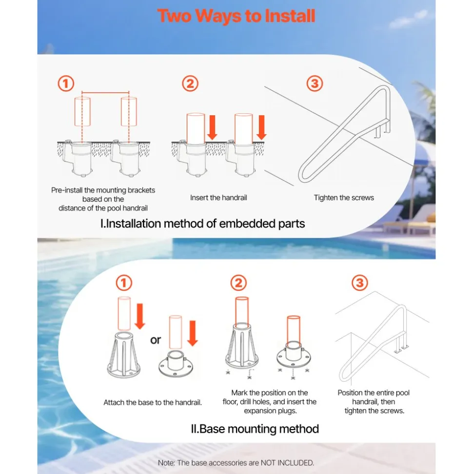 VEVOR Pool Rail, 54 x 32 inch Pool Handrail, 220 lbs Load Capacity Heavy Duty 304 Stainless Steel Swimming Handrail, Detachable Nonslip Sleeve, Recessed or Base Mount, for Poolside, Water Parks