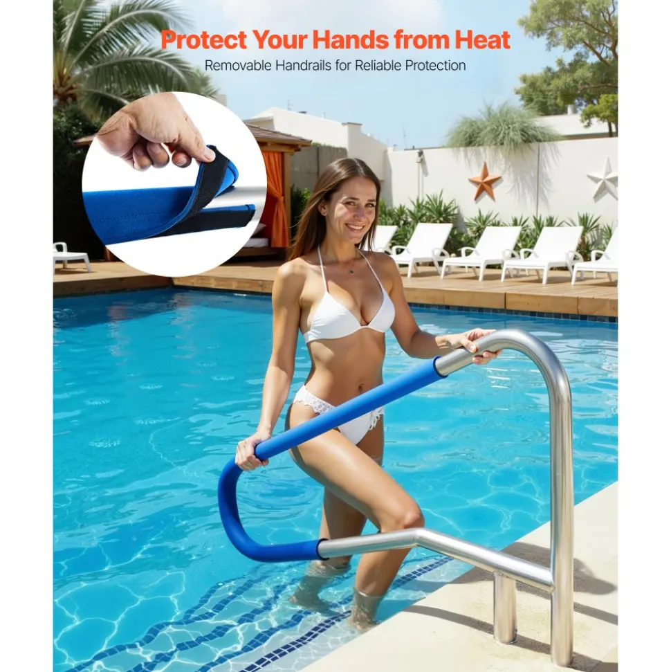 VEVOR Pool Rail, 54 x 32 inch Pool Handrail, 220 lbs Load Capacity Heavy Duty 304 Stainless Steel Swimming Handrail, Detachable Nonslip Sleeve, Recessed or Base Mount, for Poolside, Water Parks