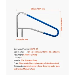 VEVOR Pool Rail, 54 x 32 inch Pool Handrail, 220 lbs Load Capacity Heavy Duty 304 Stainless Steel Swimming Handrail, Detachable Nonslip Sleeve, Recessed or Base Mount, for Poolside, Water Parks