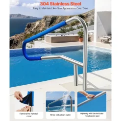 VEVOR Pool Rail, 54 x 32 inch Pool Handrail, 220 lbs Load Capacity Heavy Duty 304 Stainless Steel Swimming Handrail, Detachable Nonslip Sleeve, Recessed or Base Mount, for Poolside, Water Parks