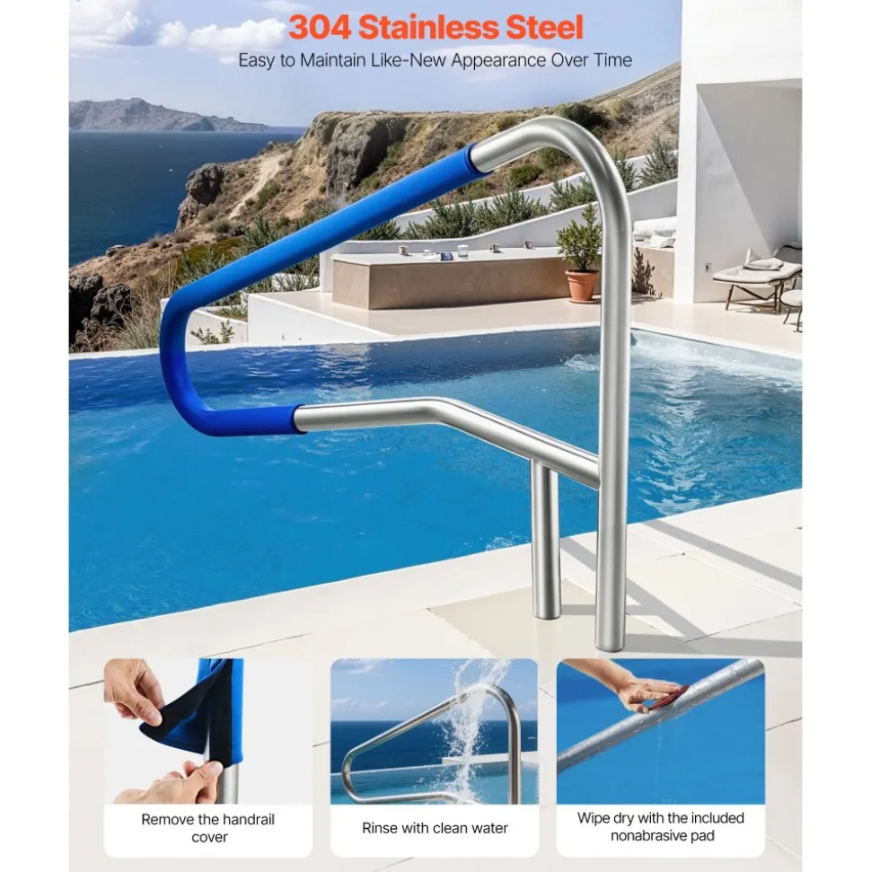 VEVOR Pool Rail, 54 x 32 inch Pool Handrail, 220 lbs Load Capacity Heavy Duty 304 Stainless Steel Swimming Handrail, Detachable Nonslip Sleeve, Recessed or Base Mount, for Poolside, Water Parks
