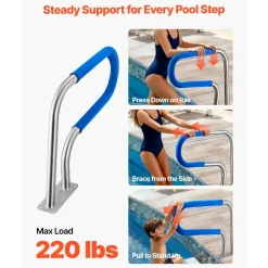 VEVOR Pool Rail, 31 x 22 inch Pool Handrail, 220 lbs Load Capacity Heavy Duty 304 Stainless Steel Swimming Handrail, Detachable Nonslip Sleeve, Rich Accessories, for Poolside, Water Parks, Spa Centers