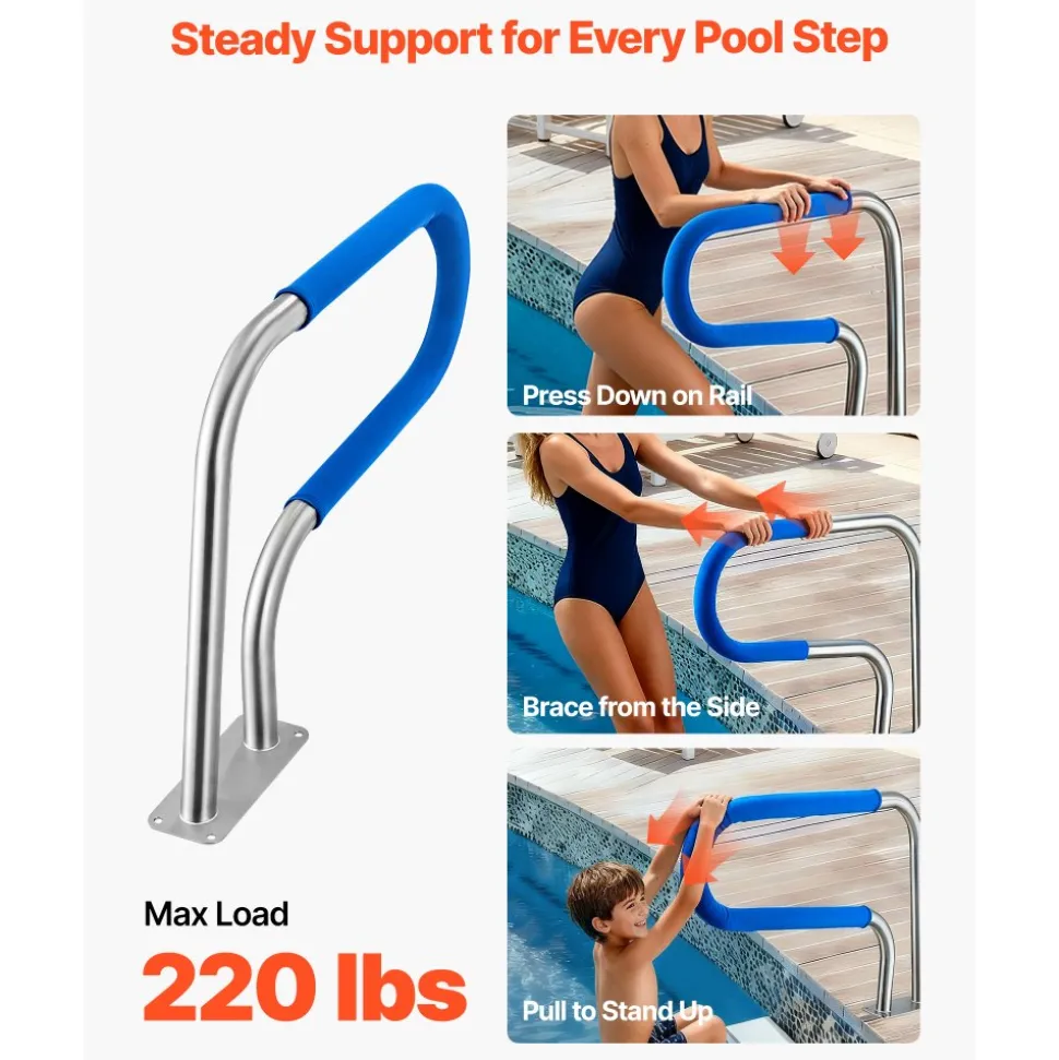 VEVOR Pool Rail, 31 x 22 inch Pool Handrail, 220 lbs Load Capacity Heavy Duty 304 Stainless Steel Swimming Handrail, Detachable Nonslip Sleeve, Rich Accessories, for Poolside, Water Parks, Spa Centers