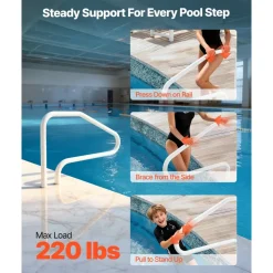 VEVOR Pool Rail, 48 x 32 inch Pool Handrail, 220 lbs Load Capacity Heavy Duty Stainless Steel Swimming Handrail, Seamless Welding, Recessed or Base Mount, for Poolside, Water Parks, Spa Centers
