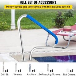 VEVOR Pool Rail 48x36 Pool Railing 304 Stainless Steel 250LBS Load Capacity Silver Rustproof Pool Handrail Humanized Swimming Pool Handrail with Blue Grip Cover & M8 Drill Bit & Self-Taping Screws