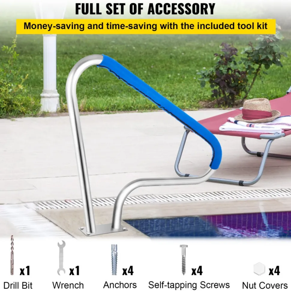 VEVOR Pool Rail 48x36 Pool Railing 304 Stainless Steel 250LBS Load Capacity Silver Rustproof Pool Handrail Humanized Swimming Pool Handrail with Blue Grip Cover & M8 Drill Bit & Self-Taping Screws