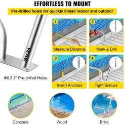 VEVOR Pool Rail 48x36 Pool Railing 304 Stainless Steel 250LBS Load Capacity Silver Rustproof Pool Handrail Humanized Swimming Pool Handrail with Blue Grip Cover & M8 Drill Bit & Self-Taping Screws