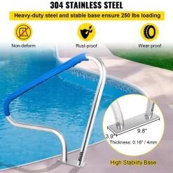VEVOR Pool Rail 48x36 Pool Railing 304 Stainless Steel 250LBS Load Capacity Silver Rustproof Pool Handrail Humanized Swimming Pool Handrail with Blue Grip Cover & M8 Drill Bit & Self-Taping Screws