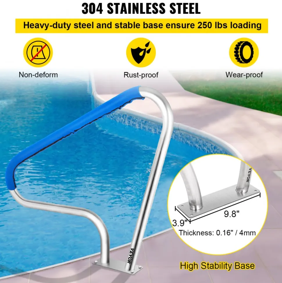 VEVOR Pool Rail 48x36 Pool Railing 304 Stainless Steel 250LBS Load Capacity Silver Rustproof Pool Handrail Humanized Swimming Pool Handrail with Blue Grip Cover & M8 Drill Bit & Self-Taping Screws