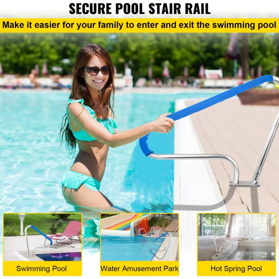 VEVOR Pool Rail 48x36 Pool Railing 304 Stainless Steel 250LBS Load Capacity Silver Rustproof Pool Handrail Humanized Swimming Pool Handrail with Blue Grip Cover & M8 Drill Bit & Self-Taping Screws