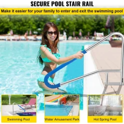 VEVOR Pool Rail 55x32 Pool Railing 304 Stainless Steel 250LBS Load Capacity Silver Rustproof Pool Handrail Humanized Swimming Pool Handrail with Blue Grip Cover & M8 Drill Bit & Self-Taping Screws