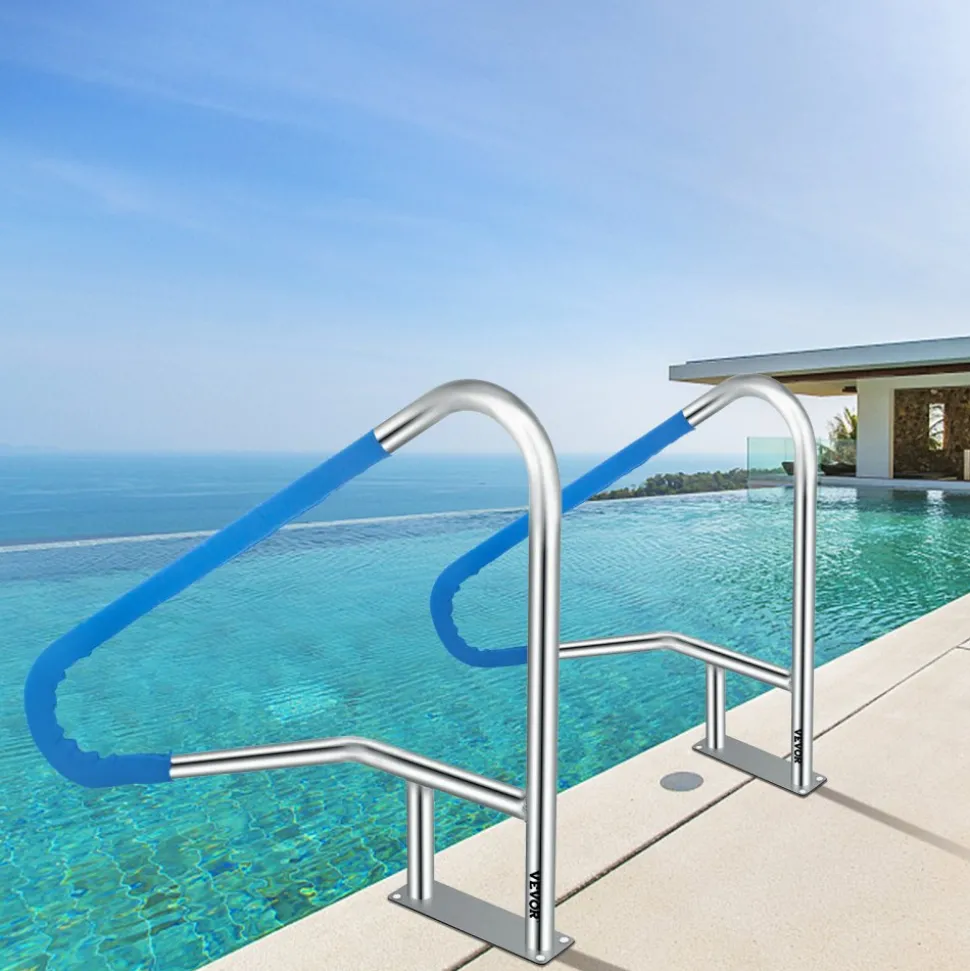 VEVOR Pool Rail 55x32 Pool Railing 304 Stainless Steel 250LBS Load Capacity Silver Rustproof Pool Handrail Humanized Swimming Pool Handrail with Blue Grip Cover & M8 Drill Bit & Self-Taping Screws