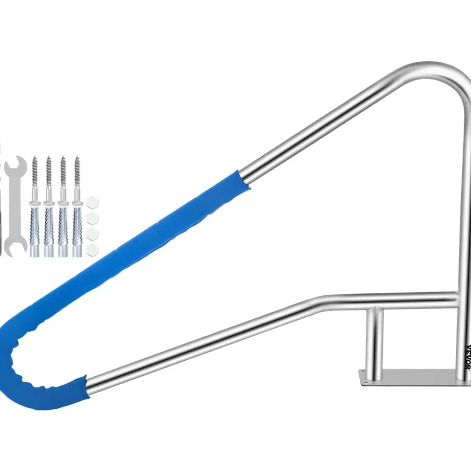 VEVOR Pool Rail 55x32 Pool Railing 304 Stainless Steel 250LBS Load Capacity Silver Rustproof Pool Handrail Humanized Swimming Pool Handrail with Blue Grip Cover & M8 Drill Bit & Self-Taping Screws